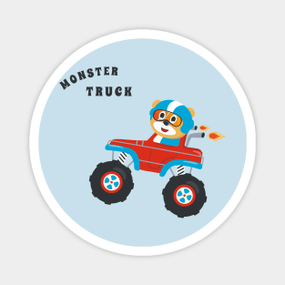 Cartoon vector of monster truck with little animal driver. Magnet